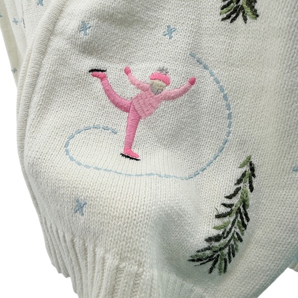 Vtg Crystal Kote Womens XL Cream Skiing Ice Skating Embroidered Zip Up Sweater - Picture 3 of 9
